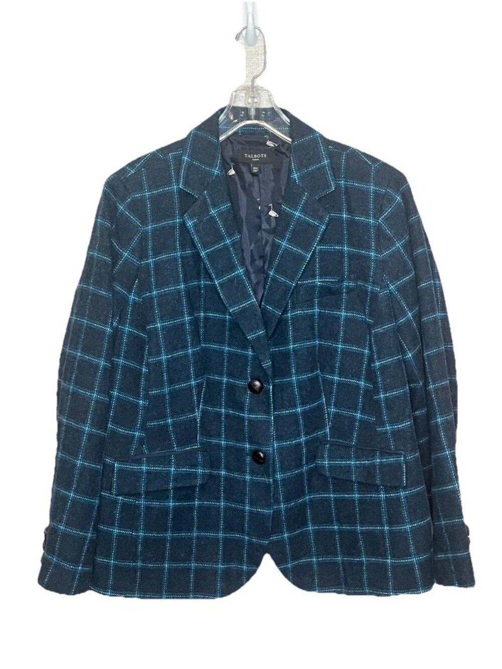 Talbots Wool Blend Plaid Blazer Jacket Navy Blue Windowpane Lined Preppy 16W